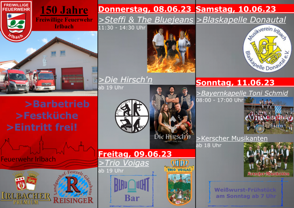 Flyer Gründungsfest 150 Jahre Freiwillige Feuerwehr Irlbach vom 8. - 11 Juni 2023
